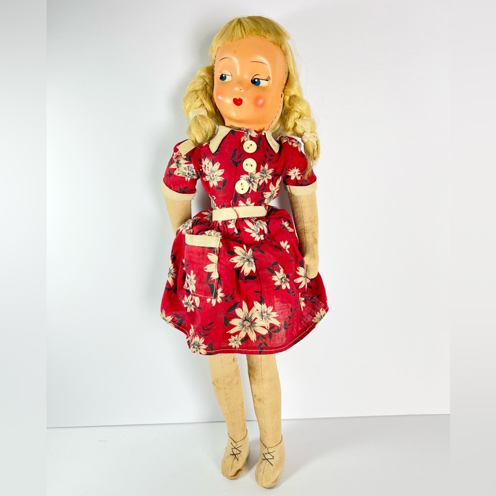 Vintage Doll‎ Celluloid Face Cloth Body 1950s jointed legs Stained